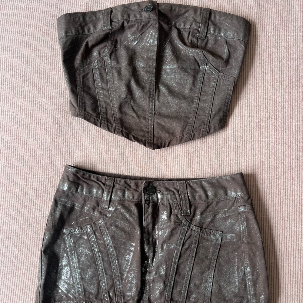 Forever 21 Shiny Brown Jean Set - Crop Top and MINI Skirt